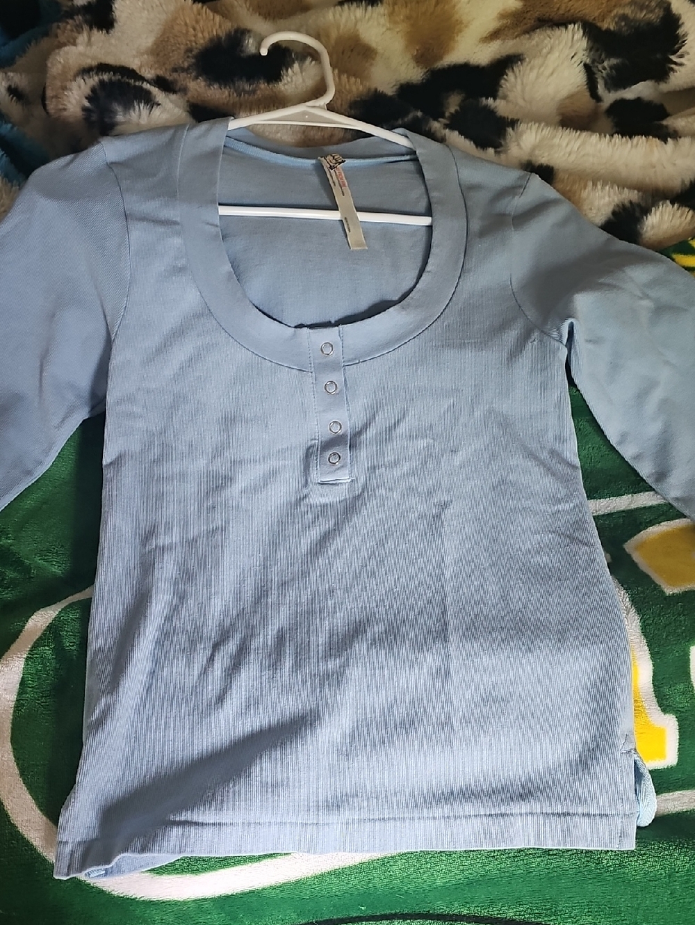 Free People Light Blue Ribbed Henley Long Sleeve Top Size M - Picture 3 of 4